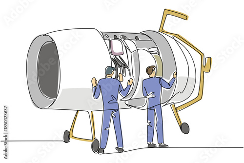 Continuous one line drawing 2 aircraft technicians dismantle the side of an aircraft engine. Carefully maintained. Aviation Maintenance Technician Day. Single line draw design vector illustration