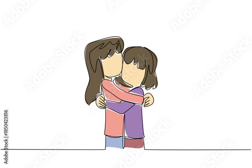 Single continuous line drawing two sisters hug each other. Hugging like a fictional childhood character. Hugging tightly, not wanting to let go. Day of Brother. One line design vector illustration