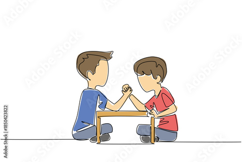 Single continuous line drawing two brothers arm wrestling. Train muscle strength from childhood. A good way to look after a little brother. Sport. Day of Brother. One line design vector illustration