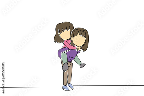 Single one line drawing an older sister carries her younger sister on her back. Keep the little one in a calm mood. Fun together. Warmth. Day of Brother. Continuous line design graphic illustration