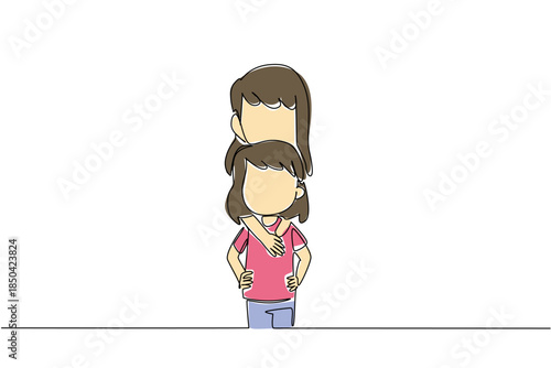 Single continuous line drawing older sister hugs body of younger sister from behind. Favorite pose when taking photo with his beloved little sister. Day of Brother. One line design vector illustration