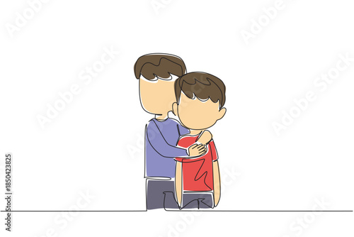 Single one line drawing an older brother hugging body of his younger brother. Tight embrace. Calming. Pleasant. Soothing. Lovely. Exciting. Day of Brother. Continuous line design graphic illustration