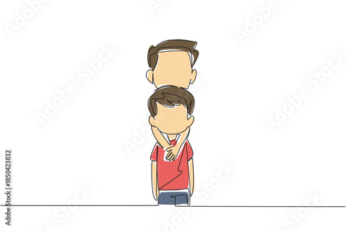 Single one line drawing an older brother hugs body of his younger brother from behind. Funny moments captured by a camera. Memorable. Cute. Day of Brother. Continuous line design graphic illustration
