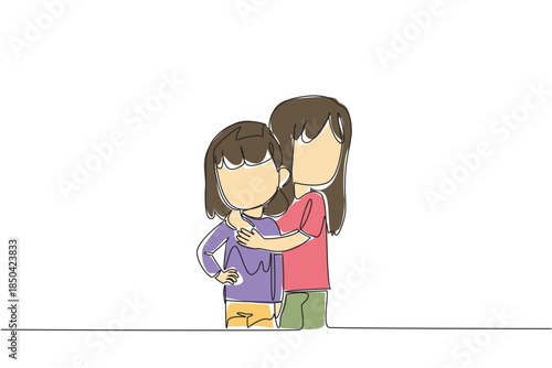 Continuous one line drawing an older sister hugging body of younger sister. Cute adorable poses of beautiful siblings. Contagious happiness. Day of Brother. Single line draw design vector illustration