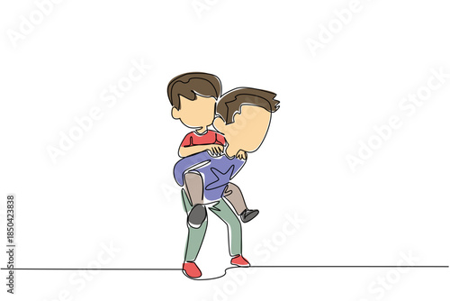 Continuous one line drawing older brother carrying younger brother on back. Having a child who can work together. Fun. Bonding. Happiness. Day of Brother. Single line draw design vector illustration