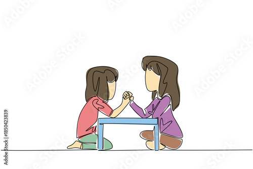 Single one line drawing two sisters sitting on the floor and arm wrestling. Siblings competing in a game of agile. Fun and exciting game. Day of Brother. Continuous line design graphic illustration
