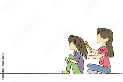 Single continuous line drawing an older sister combing younger sister. Helping to tidy up the hair of the beloved little sister. Routine activities. Day of Brother. One line design vector illustration