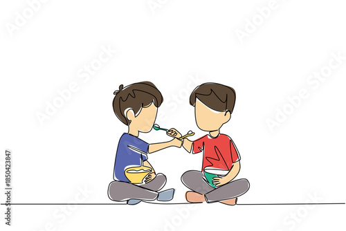 Single continuous line drawing two brothers feeding each other food. Teaching to chew food quickly. Taste the deliciousness together. Brotherhood. Day of Brother. One line design vector illustration