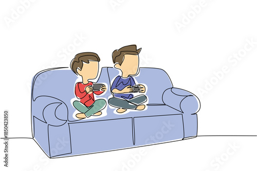 Continuous one line drawing two brothers boys sitting on the sofa and holding game joysticks. Have the same hobby. Playing console games. Day of Brother. Single line draw design vector illustration