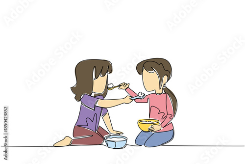 Single one line drawing two sisters feeding each other food. Sharing the delicious contents of the plate. Increase familiarity. Delicious. Day of Brother. Continuous line design graphic illustration