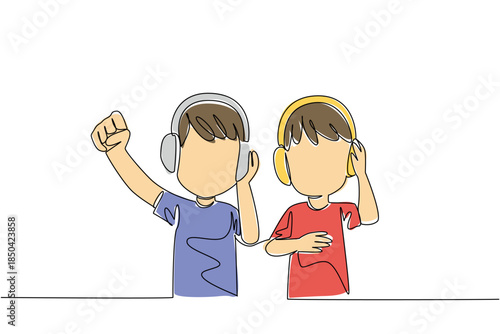 Continuous one line drawing two brothers wearing headphones and each holding his own. Enjoying first electronic gift. Entertainment media. Day of Brother. Single line draw design vector illustration