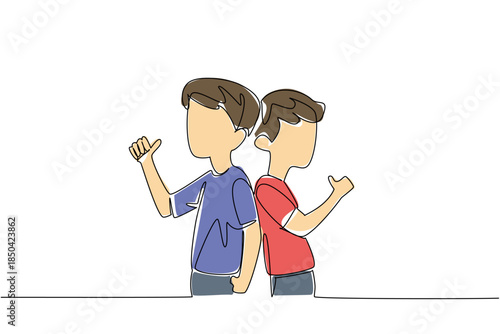 Continuous one line drawing two brothers turn their backs to each other and make a thumbs up gesture. Styled like showing arm muscles. Day of Brother. Single line draw design vector illustration