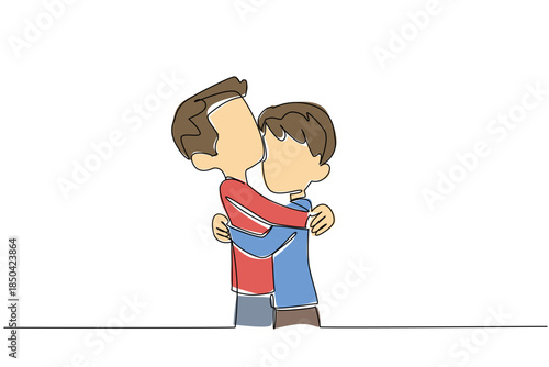 Single one line drawing two brothers hugging each other. Bonding. Family like close friends who are very close.. The happiness of siblings. Day of Brother. Continuous line design graphic illustration
