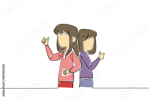 Single one line drawing two sisters turn their backs to each other and make a thumbs up gesture. Pose like a famous model. Support. Fun. Day of Brother. Continuous line design graphic illustration