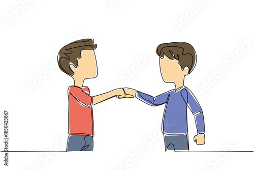 Single continuous line drawing two brothers clenching their fists and giving each other a fist bump. Form of celebration for the success achieved. Day of Brother. One line design vector illustration