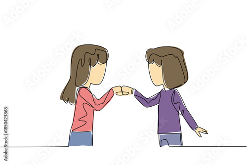 Continuous one line drawing two sisters clenching their fists and giving each other a fist bump. Celebrating success together. Happiness. Day of Brother. Single line draw design vector illustration