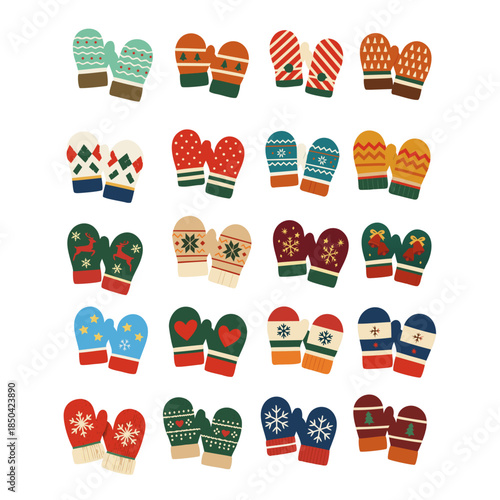 Set of cozy winter mittens with festive holiday patterns and Christmas decorations vector isolated on transparent background