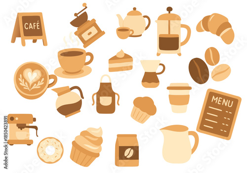 Mega collection of cafe and coffee shop elements with espresso machine, grinder, and bakery treats vector illustration