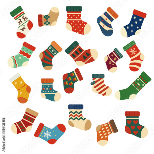 Set of colorful Christmas stockings with festive patterns and holiday ornaments isolated on transparent background vector