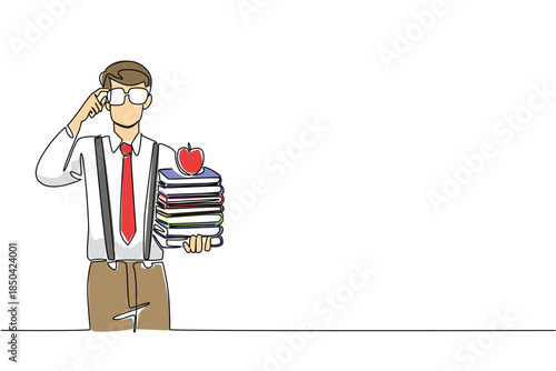 Single one line drawing man wear long sleeved shirt with suspender carrying stack of books and holds glasses. The librarian who is on a diet Geek Pride Day. Continuous line design graphic illustration
