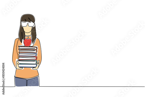 Continuous one line drawing woman dressed as a nerd, holding stack of books and an apple. The one who loves reading books and healthy fruit. Geek Pride Day. Single line draw design vector illustration