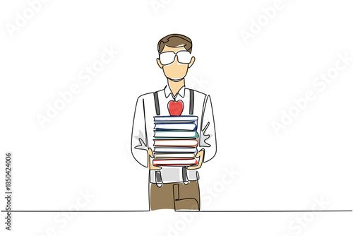 Single continuous line drawing man wear long sleeved shirt with suspender carrying stack of books and apple. Very fond of reading and healthy snack. Geek Pride Day. One line design vector illustration
