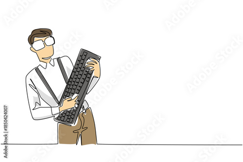 Single one line drawing a man wearing a long sleeved shirt with suspender holding a computer keyboard like playing guitar. Video game guitar Geek Pride Day. Continuous line design graphic illustration