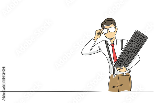 Single continuous line drawing a man wearing a long sleeved shirt with suspender holding a computer keyboard. Inspiration keyboard. Idea. Innovation Geek Pride Day. One line design vector illustration