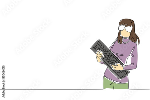 Continuous one line drawing woman dressed as a nerd, holding a computer keyboard like playing a guitar. Very busy. Obsessed with guitar. Geek Pride Day. Single line draw design vector illustration