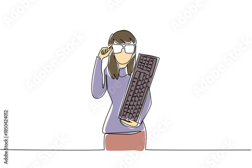 Single one line drawing woman dressed as a nerd, holding computer keyboard. Interested in the sound of the keyboard keys. Cannot be damaged. Geek Pride Day. Continuous line design graphic illustration