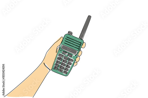 Continuous one line drawing hand holding handy talkie. Someone is on duty and given convenience for communication. Amateur Radio Military Appreciation Day. Single line draw design vector illustration