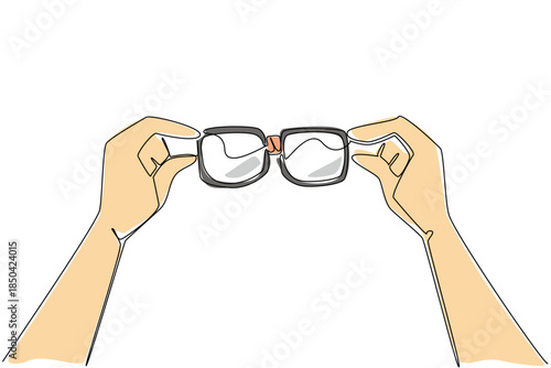 Single continuous line drawing hand holding glasses covered in bandage. Favorite glasses full of memories. Still used under normal circumstances. Geek Pride Day. One line design vector illustration