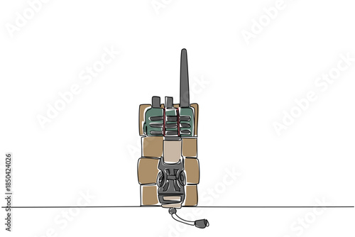 Continuous one line drawing walkie talkie with its place. Communication tools for soldiers on the battlefield. Amateur Radio Military Appreciation Day. Single line draw design vector illustration