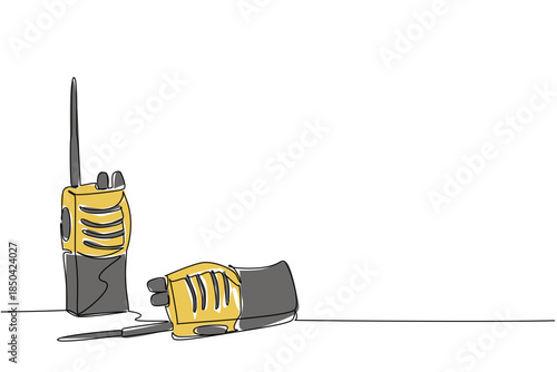 Single continuous line drawing 2 walkie talkies, one standing, the other lying down. Two way wireless communication. Tech. Amateur Radio Military Appreciation Day. One line design vector illustration