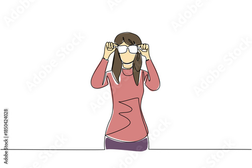 Single continuous line drawing woman dressed as a nerd, holding glasses with large frames. The most unique and ridiculous in the office. Attractive. Geek Pride Day. One line design vector illustration