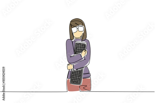 Single continuous line drawing woman dressed as nerd, hugging computer keyboard. Hold tightly. Not willing to lose. Connected to inanimate objects. Geek Pride Day. One line design vector illustration