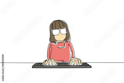 Continuous one line drawing woman dressed as a nerd, typing on a computer keyboard. Tidy up messy data fast. Awesome. Genius. Funny people. Geek Pride Day. Single line draw design vector illustration