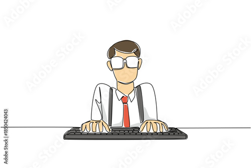 Single one line drawing man wear long sleeved shirt with suspender typing on computer keyboard. The most maniac about computer technology. Geek Pride Day. Continuous line design graphic illustration