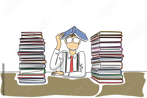 Single continuous line drawing man wear long sleeved shirt with suspenders puts an open book on head. Gestures put knowledge into the head. Genius. Geek Pride Day. One line design vector illustration