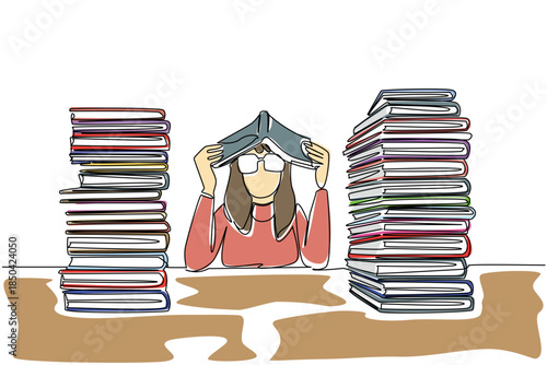 Continuous one line drawing a woman dressed as a nerd, placed an open book on her head. Read a lot, gain a lot of benefits. Funny. Educate. Geek Pride Day. Single line draw design vector illustration