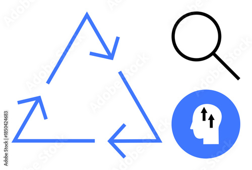 Recycling concept. Recycling with arrows to promote sustainability and innovation. Recycling ed with magnifying glass and head profile for green solutions. For education, eco campaigns, sustainable