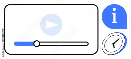Media playback, online tutorials, time tracking, streaming services, digital education, video tools. A video player with a progress bar, information icon and clock symbol. Media playback and online