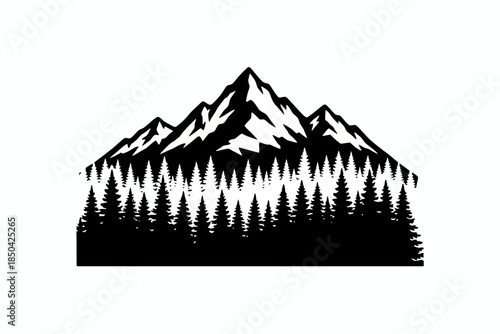 Majestic Mountain Landscape, Forested Peaks, Nature Scene, Black and White Illustration, Outdoor Serenity, Artistic Perspective