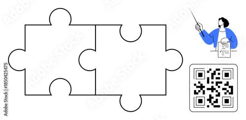 Puzzle pieces linking ideas, QR code for digital interaction, instructor presenting information. Ideal for education, teamwork, technology, problem-solving, strategy branding innovation. Simple