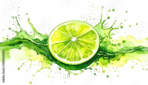 Vibrant Watercolor Lime Slice with Splashing Green Juice.
