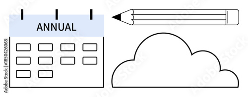 Time management, creative work, digital storage, organization tools, task scheduling, productivity. Annual calendar, pencil and cloud. Time management and creative work visually