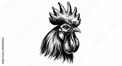 Realistic Hand Drawn Rooster Head Illustration in Black and White Ink