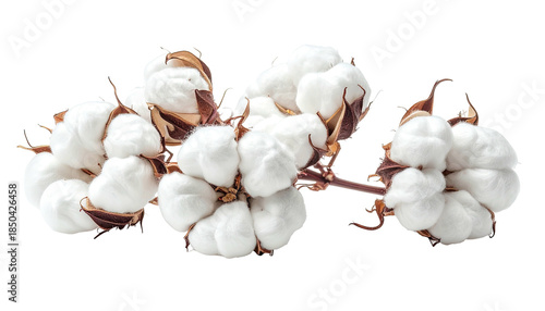 A close-up view of fluffy white cotton bolls still attached to their brown stems
