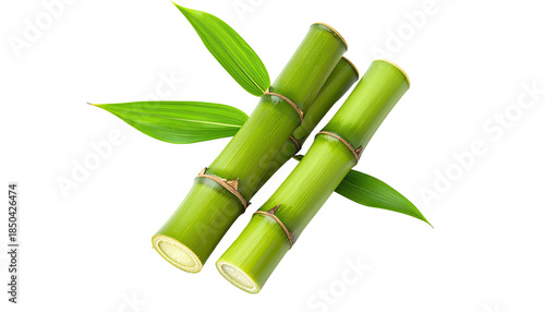 A close-up view of fresh green bamboo stalks with leaves, isolated on a black background
