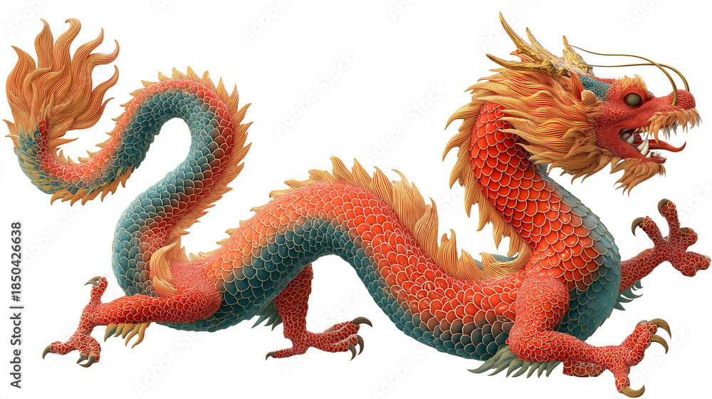 Fototapeta premium Traditional Chinese Dragon with Isolated on Transparent Background, Detailed 3D Illustration